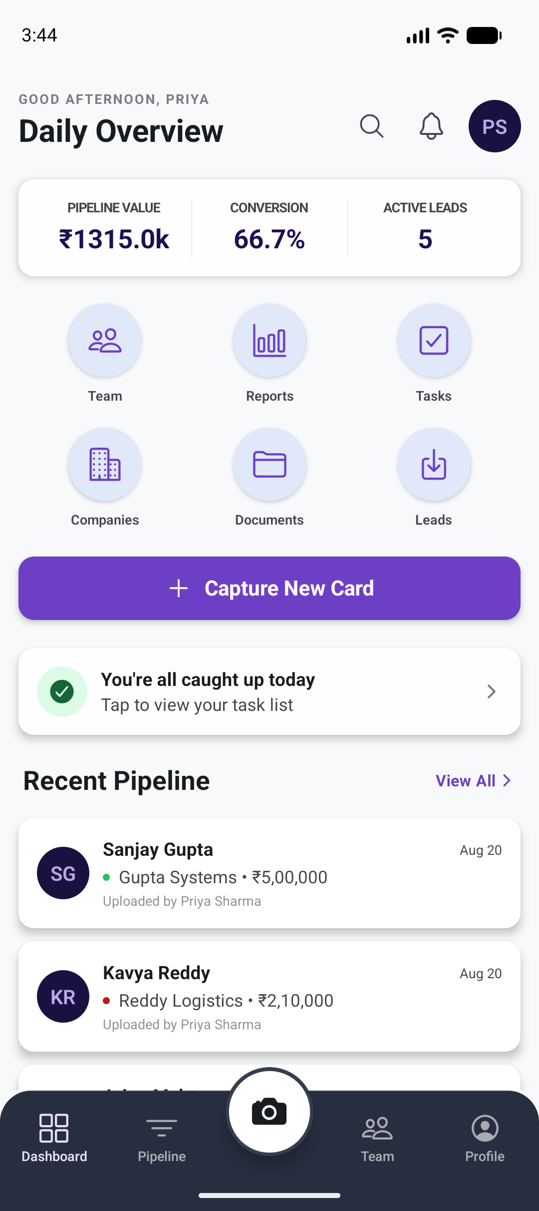 BxCard pipeline dashboard showing active leads and deal value