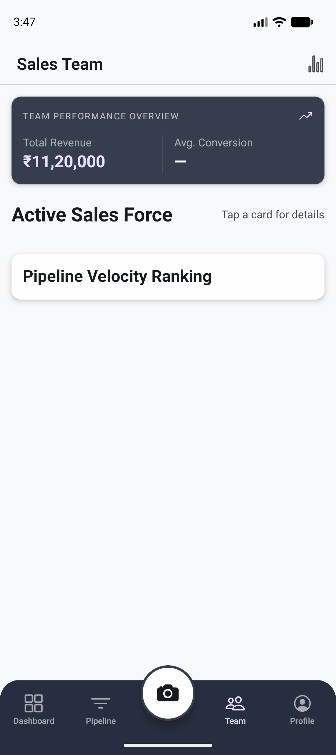 BxCard sales team screen showing team revenue overview